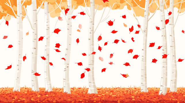 Illustration of a whimsical autumn scene. Featuring birch trees with falling red leaves and ground foliage