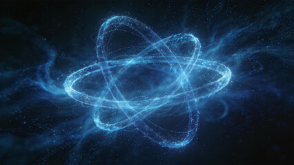 Obraz premium Molecular Majesty: A mesmerizing depiction of a glowing atom, with electrons orbiting the nucleus, radiating a sense of scientific wonder and intricate structure.