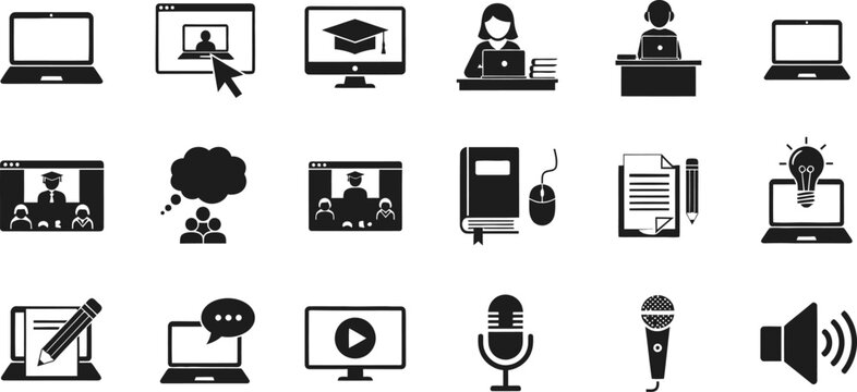 Online education and e learning icons for digital study and remote classes.