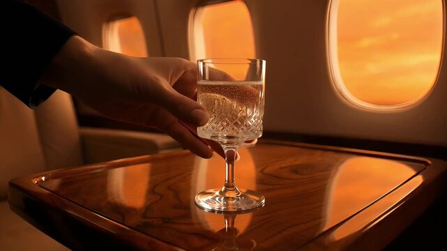 hand placing a glass of champagne on a wooden table inside a private jet cabin during a sunset flight