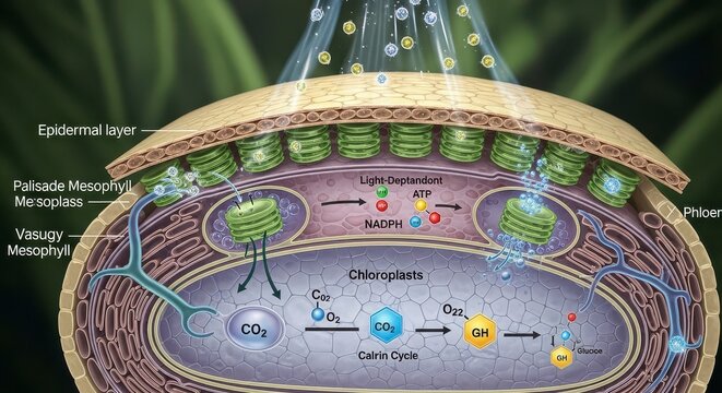 Illustration of plant leaf anatomy showing photosynthesis process and cellular structures