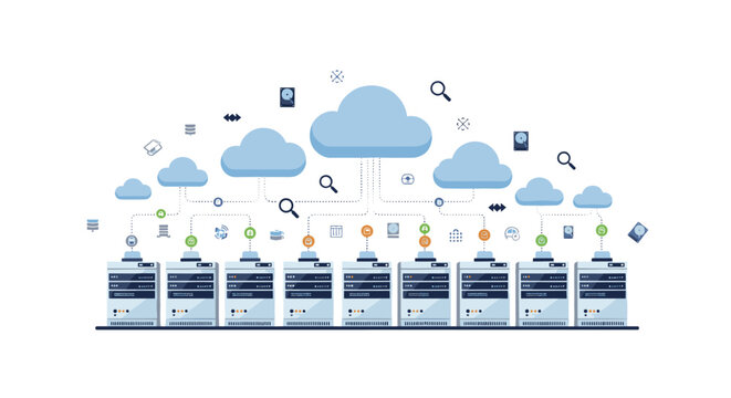 A schematic illustration of nine server tower units connected via lines to floating cloud icons, decorated with small search, file, and data storage symbols.