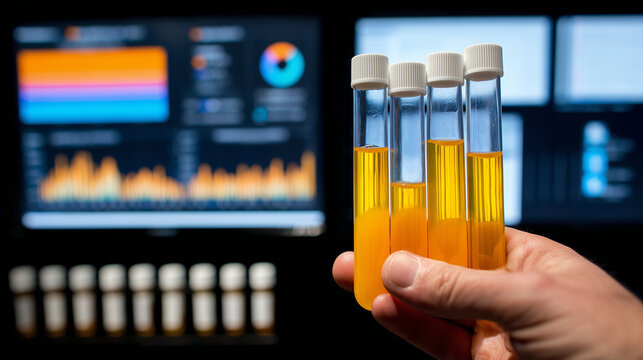 Testing Sample Display: An expert hand delicately holds a series of test tubes filled with vibrant yellow liquid, set against the backdrop of a computer display featuring intricate graphs and charts.