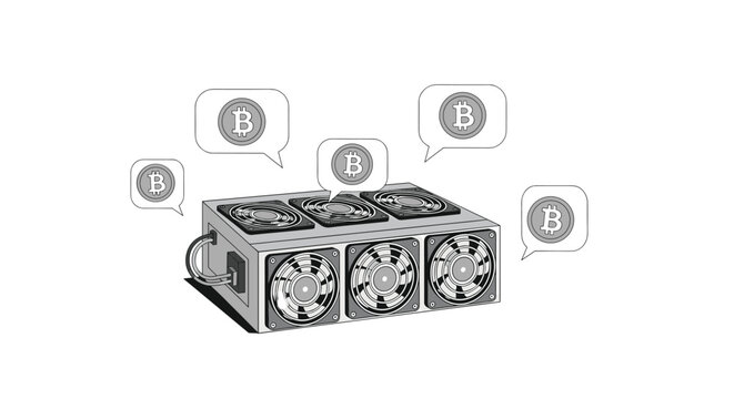 Monochrome illustration of a cryptocurrency mining rig featuring three fans, with grayscale Bitcoin symbols presented in speech bubbles on a white backdrop.