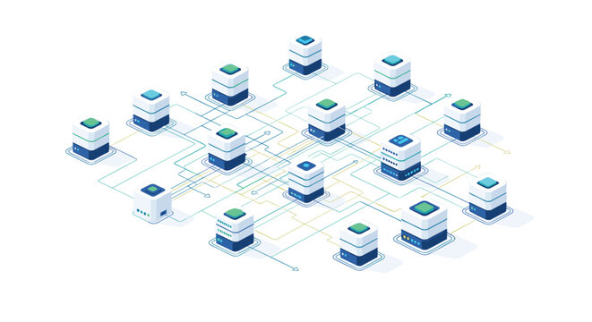 An abstract 3D visualization of interconnected server cubes forms a digital network structure across a clean white field representing cloud computing and data infrastructure.