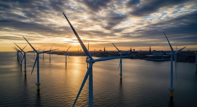 A serene landscape featuring a large body of water with a series of wind turbines in the foreground, set against a backdrop of a city skyline under a gradient of orange and blue hues.