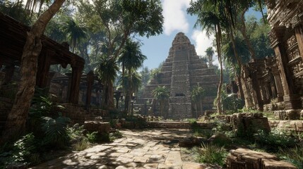 Obraz premium Maya Aztec civilization, Mexico culture. Mysterious, fantasy. A vivid portrayal of an ancient temple complex in a tropical rainforest.