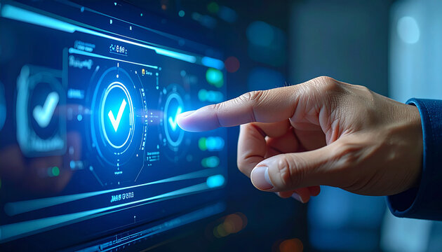 Digital Touchpoint: A close-up of a hand interacting with a high-tech interface, selecting an icon with a glowing checkmark, a symbol of validation and technological innovation.
