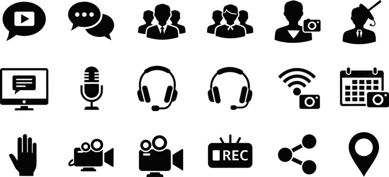 Communication and media icons play button chat messages people microphone calendar.