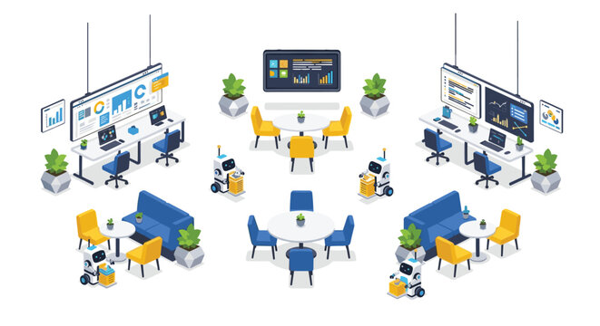 Modern isometric office layout featuring multiple computer workstations and central meeting tables with automated service robots operating in a clean corporate workspace.