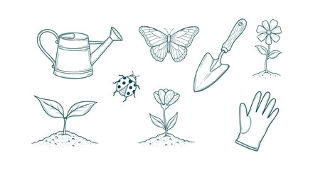 Hand drawn garden elements vector set with watering can, butterfly, trowel, ladybug and flowers. © vectorial