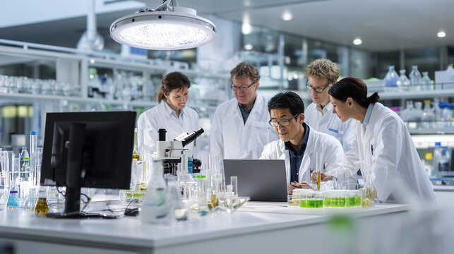 Scientific Collaboration: A group of scientists is deeply engaged in collaborative research within a high-tech laboratory setting, as they analyze data on a laptop and microscopes.