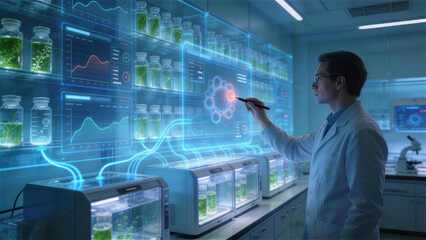 Obraz premium Scientist in Futuristic Laboratory: A dedicated scientist in a pristine laboratory environment, interacting with a futuristic.