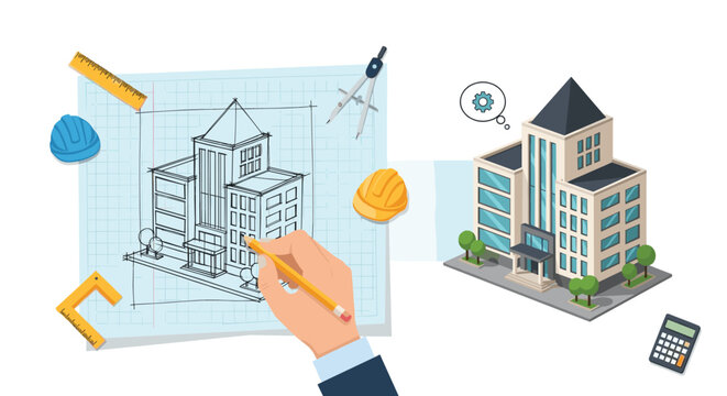 A hand uses a yellow pencil to sketch an architectural building design on blue grid paper with drafting tools and a calculator nearby in an office.