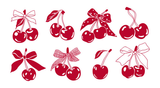 Red cherries with bows in hand-drawn coquete style. Sweet, playful, whimsical design for festive themes. Perfect for Valentines, weddings, or party decorations. Vintage feel with soft, rounded edges