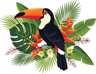Naklejka premium Colorful toucan perched on tropical foliage with vibrant flowers and leaves in jungle environment