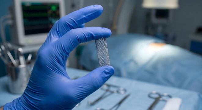 Medical professional hand wearing sterile blue latex glove holding metallic vascular stent device inside surgical operating room setting
