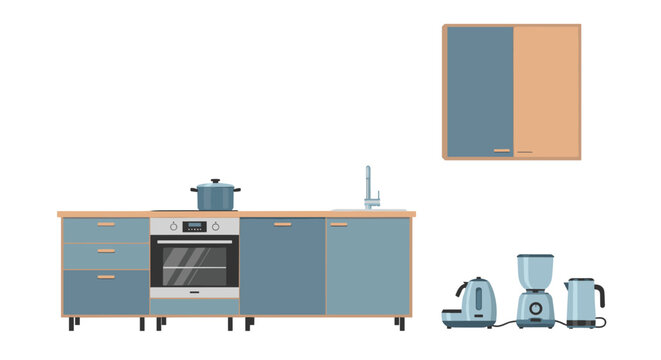A modular blue kitchen unit with an integrated oven and separate wall cabinets is displayed on a plain white background with professional product photography aesthetics.