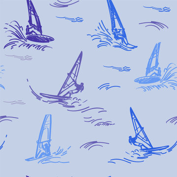 Windsurfer, seamles pattern, vector sketch illustration