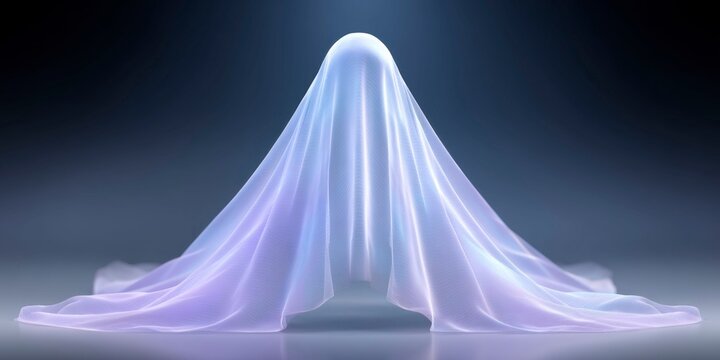 a glowing blue ghost standing in the dark, with a transparent veil flowing behind it