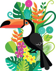 Naklejka premium Colorful illustration of a toucan bird surrounded by tropical plants and flowers in a vibrant jungle setting with green leaves