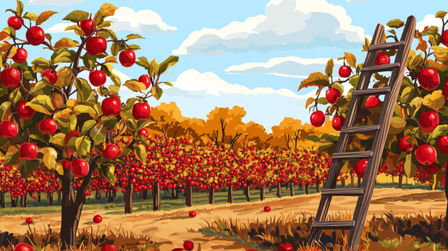 Digital art of an orchard in fall with abundant red apples on trees and a wooden ladder