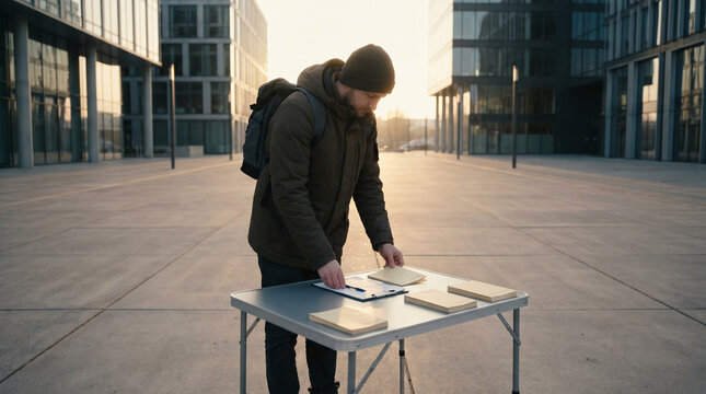 Wide view of early morning petition table setup on empty city plaza before crowds arrive, folding table with clipboard and flyers, organizer