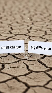 Small change big difference concept shown by water drop falling on cracked dry desert ground surface representing positive impact of tiny environmental 