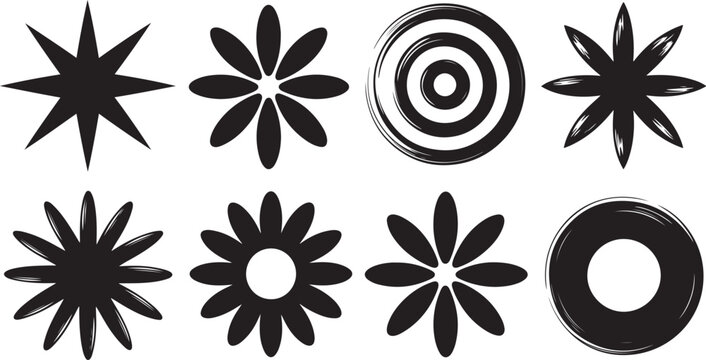 Collection of diverse abstract star and flower shapes along with circular patterns on a white background
