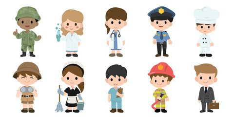 Obraz premium Cute kids in various jobs set. Smiling little boys and girls in uniform with professional equipment colorful, Career, occupation, work, for labor day, may day, vector illustrations