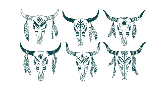 Set of six bohemian bull skull vector illustrations with ethnic tribal patterns and feathers decor.