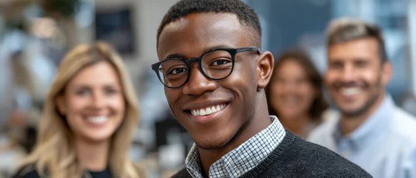 Optimistic Professional: A friendly african descent professional smiles warmly, backed by supportive colleagues.