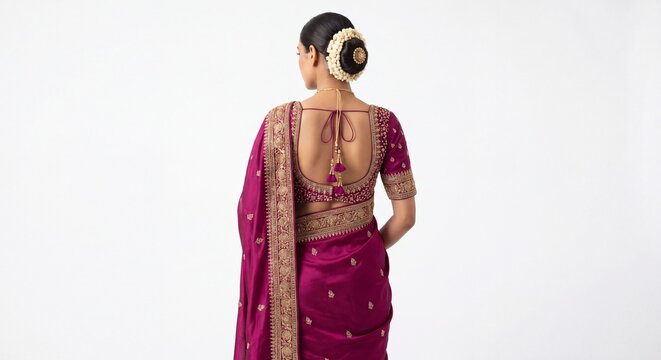indian woman back view wearing embroidered silk saree blouse bridal fashion, traditional saree blouse design with gold embroidery luxury ethnic wear, indian bridal blouse back design silk saree
