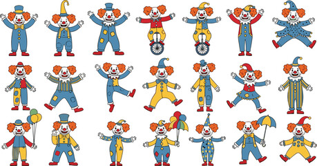 Fototapeta premium Colorful Circus Clown Set with Various Poses and Outfits for Kids, Party, and Fun Event Illustrations
