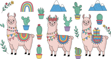 Colorful Llama Characters with Rainbows, Cacti, and Mountains, Fun Animal Illustrations with Decorative Banners and Plants for Playful Nature Designs © MstRabeya