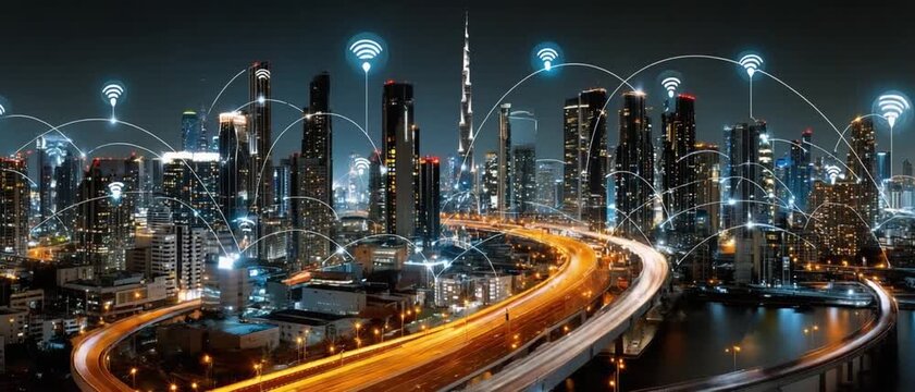 Networked City: A modern cityscape glimmers at night, seamlessly interwoven with digital connectivity, representing the convergence of technology and urban life.