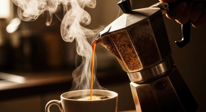 A person is pouring steaming hot coffee from a vintage espresso maker into a white ceramic cup.