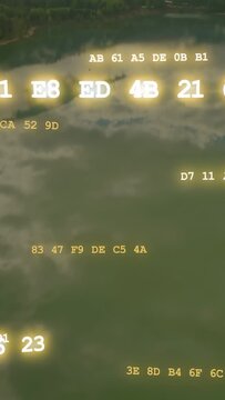 Vertical video: Glowing hex codes drifting and brightening with camera panning down revealing lake
