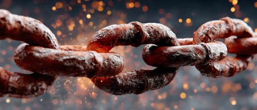 Forged Connection: A chain link forged in fire stands as a testament to strength, resilience, and unbreakable bonds, surrounded by sparks and heat.