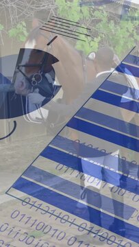 Vertical video: Rider handling tack by stall activating blue stripes covering frame for riding