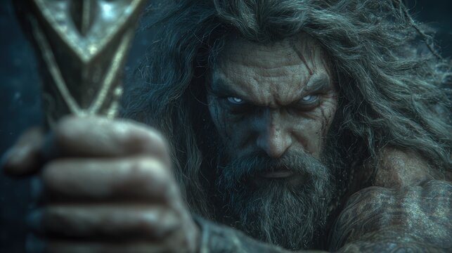Greek mythology sea god Poseidon. Fantasy. A closeup portrait of a fiercelooking orc with long, dark hair and a prominent beard.