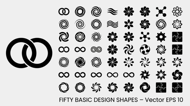 Two interlocking rings logo with a collection of fifty basic vector design shapes, a versatile abstract emblem for branding and graphic design.
