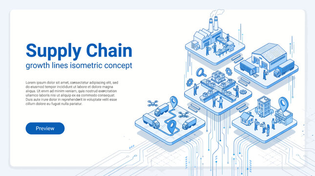 Illustration of a modern supply chain network with factories, ships, trucks, and warehouses in a connected digital era
