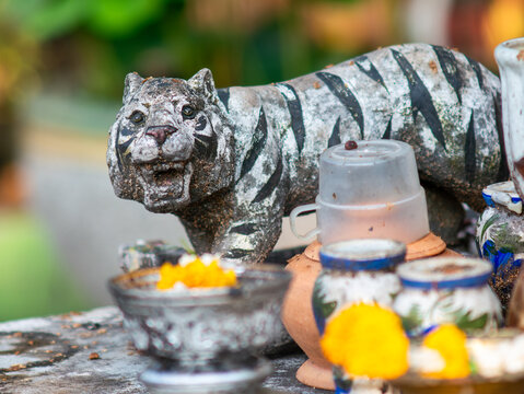 Weathered Stone Tiger Statue at Thai Outdoor Shrine with Flower Offerings and Ceremonial Cups