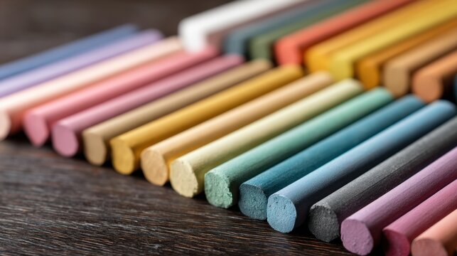 Multicolored pastel chalks arranged in rows on a wooden background. Set of vibrant drawing sticks for artistic creation and creative work. Educational tool for school and art studio.
