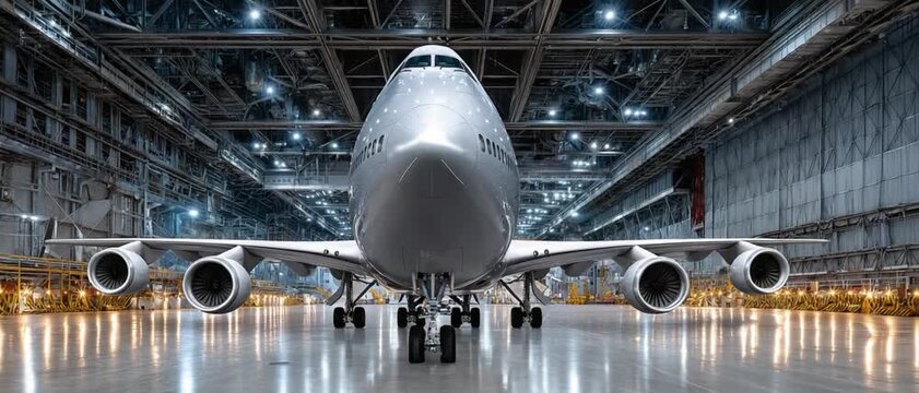Jumbo Jet in Hangar: A majestic jumbo jet rests inside an industrial hangar, exuding a sense of grandeur and technological marvel.