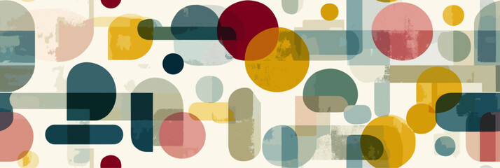 Abstract geometric pattern with overlapping shapes and textures. Pattern featuring colorful overlapping geometric shapes with striped textures on a light background