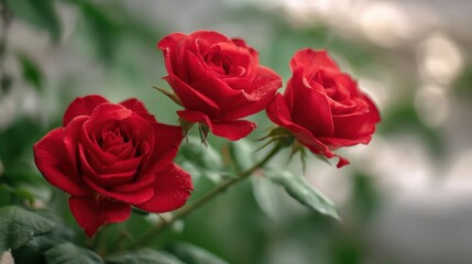 Fototapeta premium Three red roses blooming on a green stem. Fresh floral blossoms with dew drops for romantic greeting card or wedding celebration. Nature garden plant with soft blurred background petals.