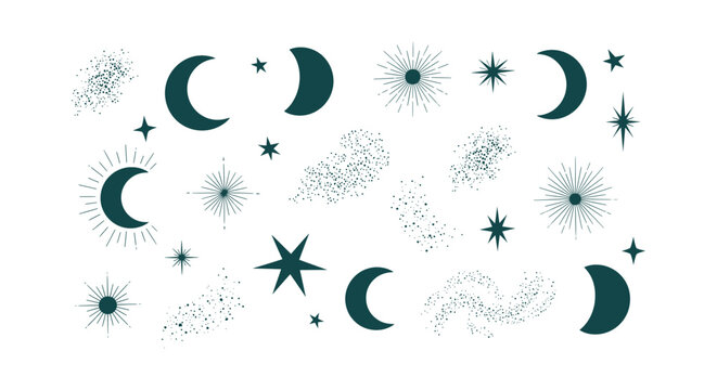 Mystical Celestial Icons Set with Crescent Moons Suns and Galaxy Stardust for Astrology Branding