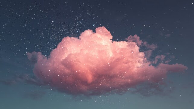 Pink cloud floating in the starry night sky. Surreal celestial landscape with bright glittering stars and cosmic nebula. Ethereal dreamy atmosphere for meditation and fantasy background.